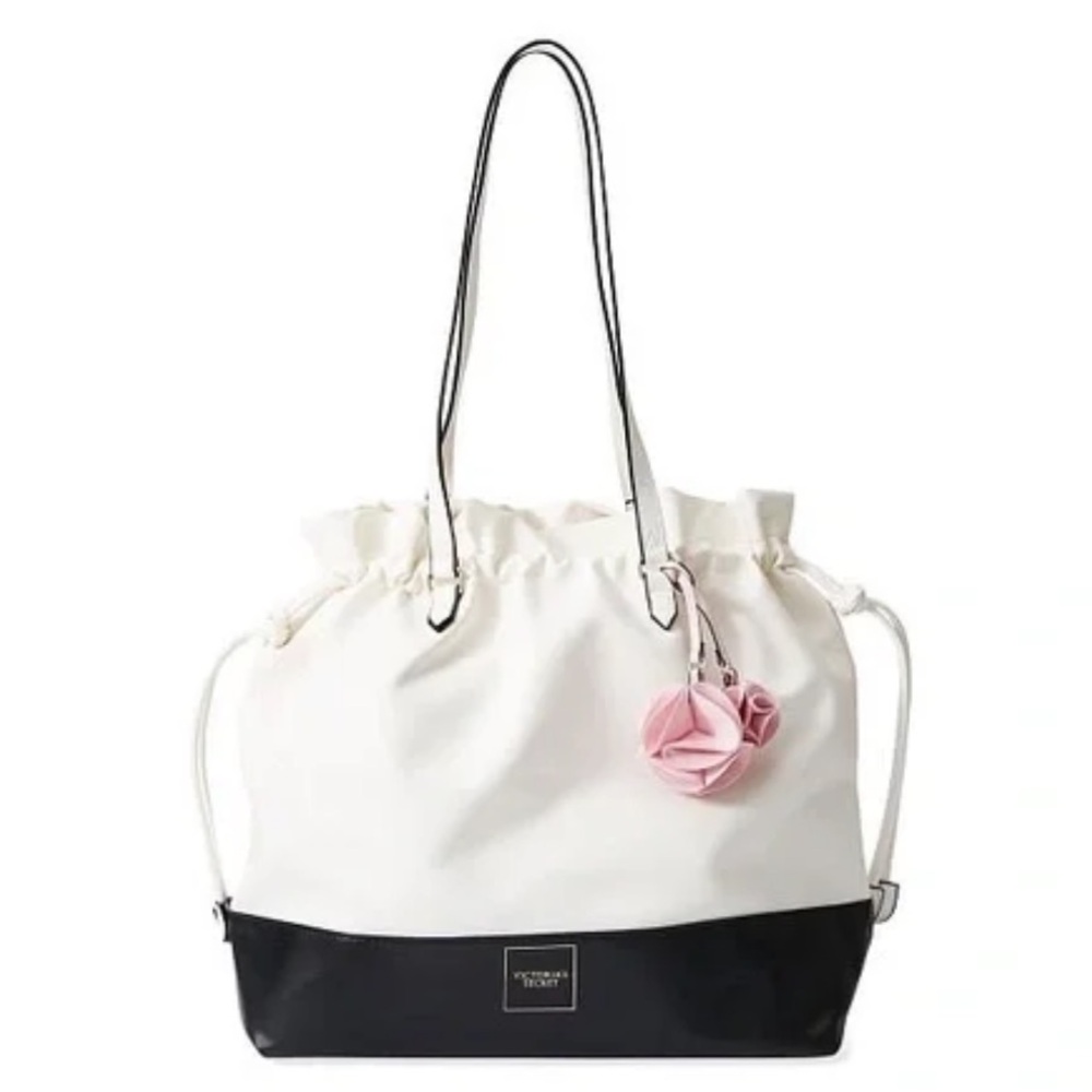 VICTORIA SECRET Cinch Drawstring Tote Bag Black White & Pink Limited Edition NWT